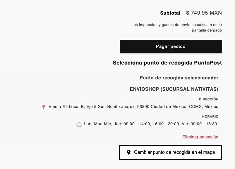 Selector de puntos de recogida en el carrito