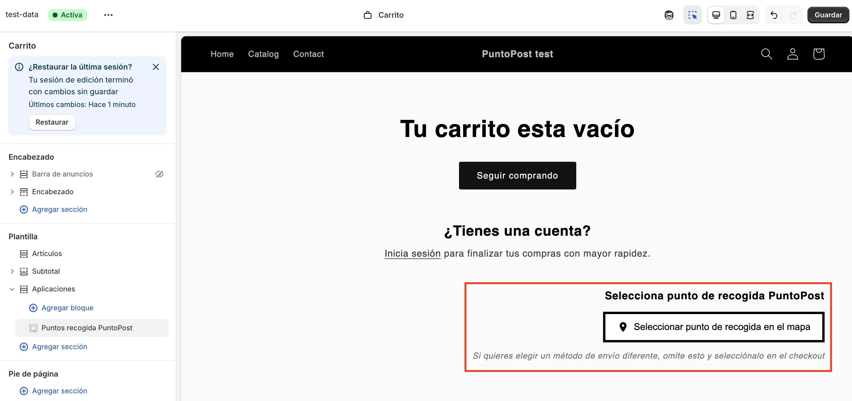 Configuración del carrito como Página