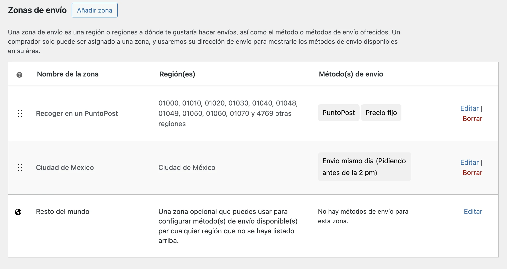 Configuración de las zonas de envío