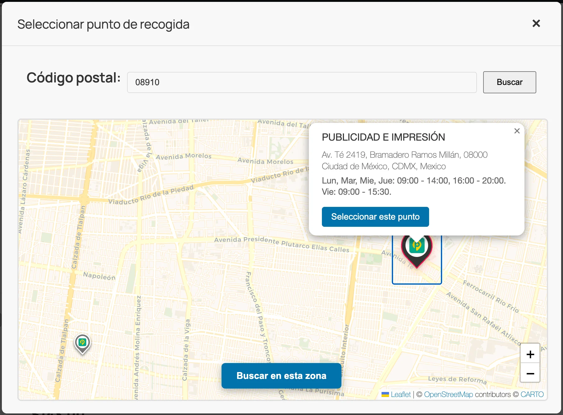 Checkout - Selección de punto de recogida