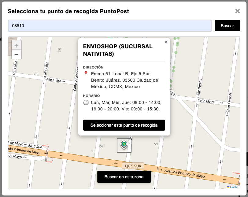 Selector de puntos de recogida en el carrito
