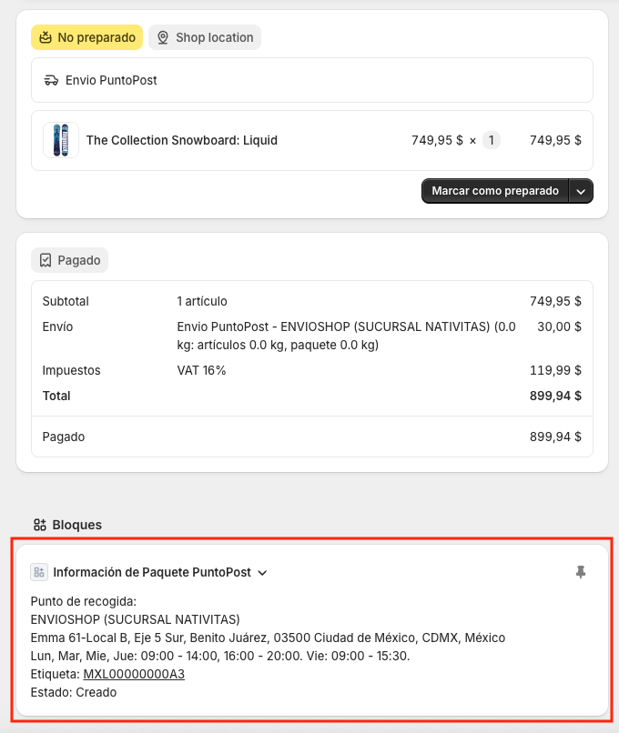 Método de envío en el checkout