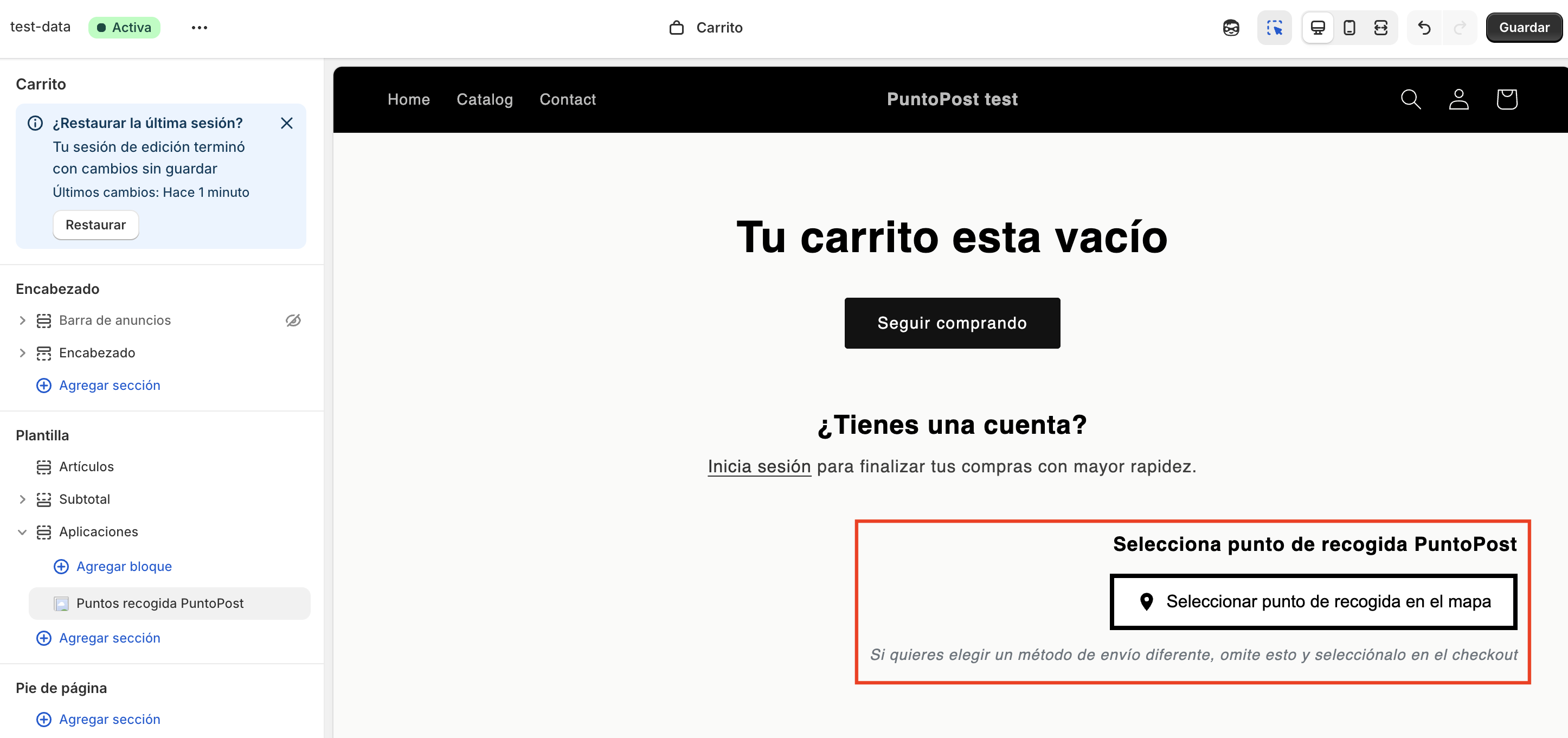 Configuración del carrito como Página