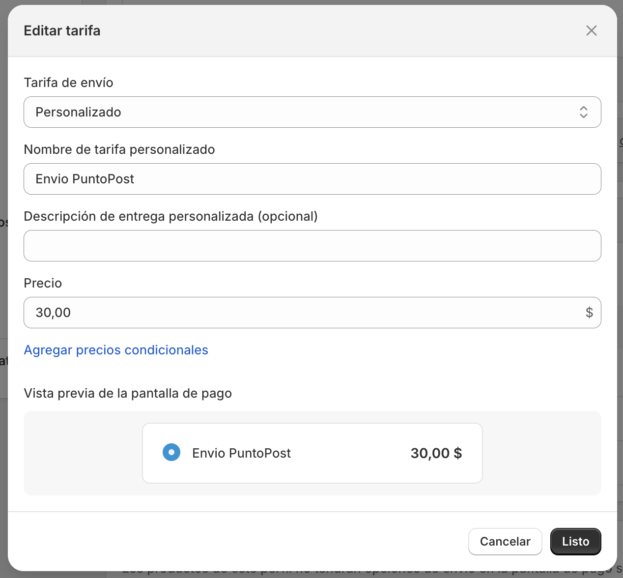 Configuración de las tarifas de envío