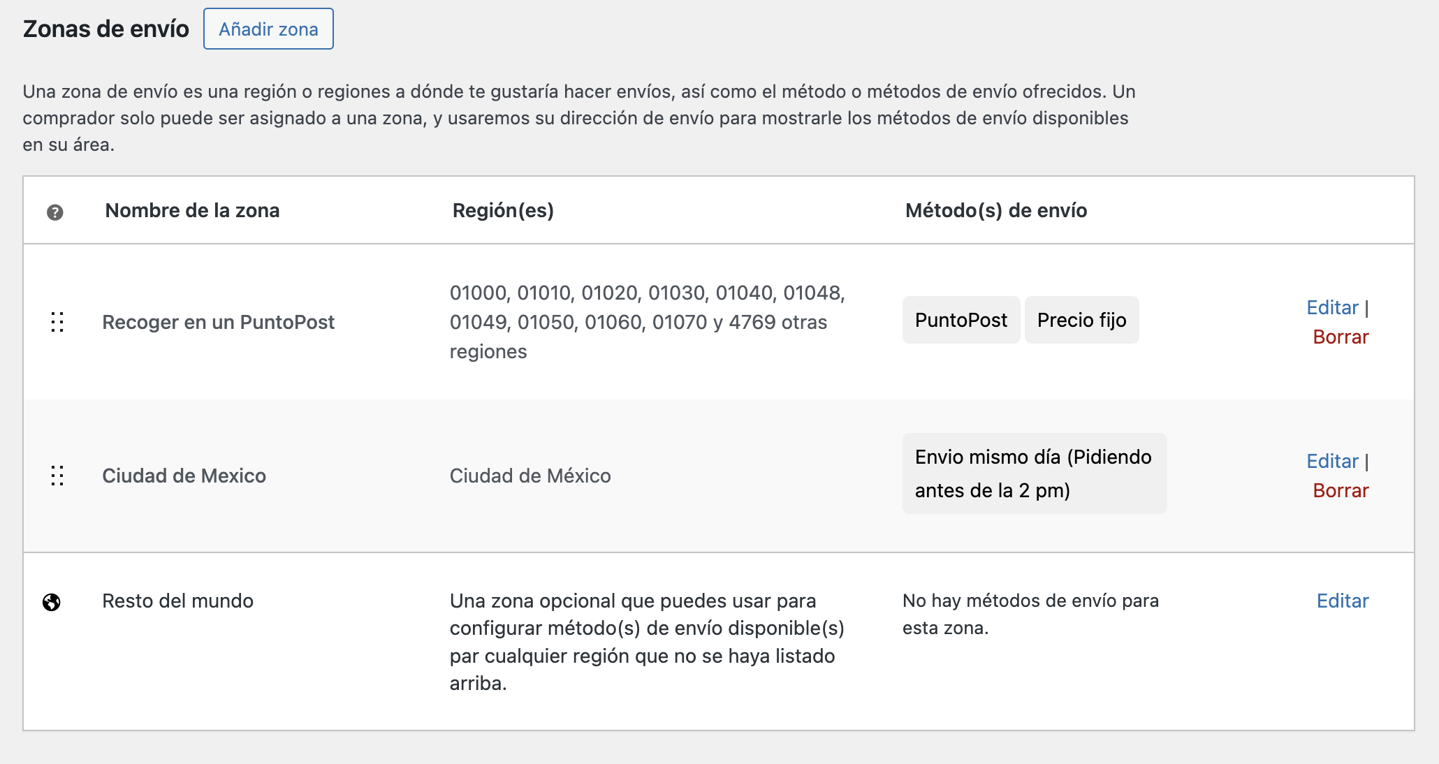 Configuración de las zonas de envío