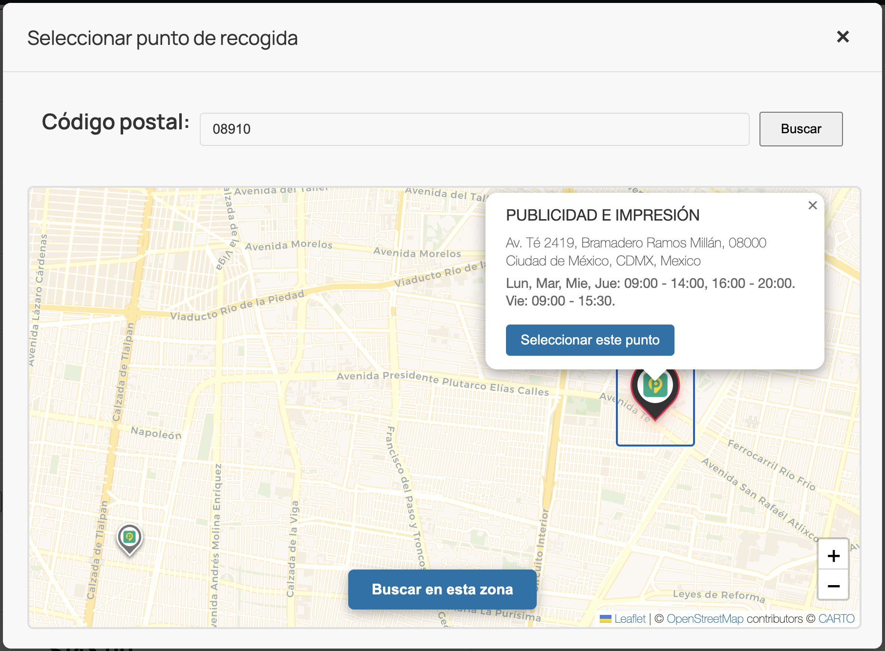 Checkout - Selección de punto de recogida